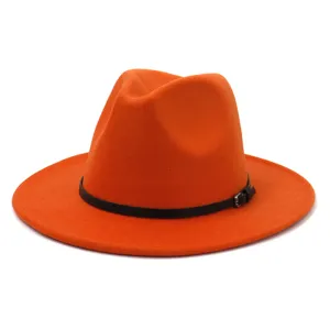 Close-up shot of the orange wool fedora hat, highlighting the black belt and metal buckle.