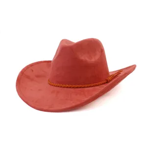 Red suede cowboy hat close up view, detailed braided band texture and wide brim design