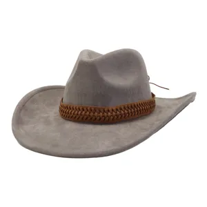 Chapeau de cowboy en faux daim gris avec bande tressée marron, chapeau fedora style western.
