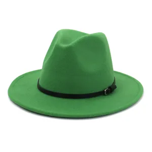 Green wool wide brim fedora hat detail, elegant autumn winter women fashion jazz hat accessory.