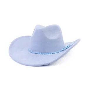 Close-up detail of the light blue suede cowboy hat showcasing the braided band texture.