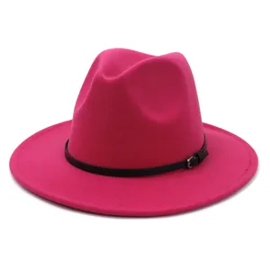 Women hot pink wool fedora hat with black belt buckle, stylish wide brim winter jazz hat.