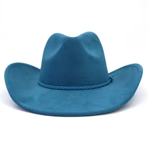 Blue suede cowboy hat detail, classic wide brim fedora style with braided rope trim.