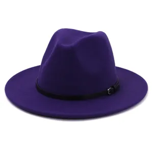 Purple women fedora hat wool felt wide brim jazz cap with black belt buckle for winter.