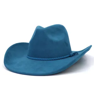 Detail view of the blue suede cowboy hat showing fine texture and braided hatband trim.