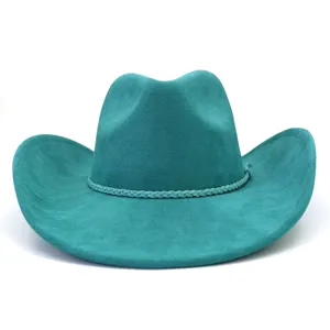 Teal suede cowboy hat detail, wide brim fedora with braided hat band, stylish fashion headwear.