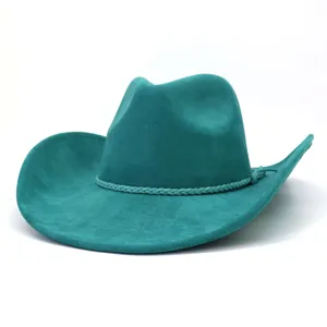Close up detail of teal suede cowboy hat, soft texture western fedora hat wide brim.