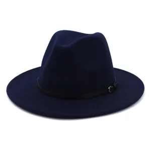 Detail view of navy blue women woolen fedora hat with black belt and metal buckle.