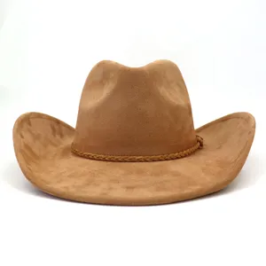 Detailed view of brown suede cowboy hat texture and braided hatband design, close up shot.