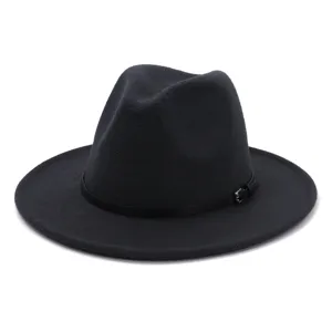 Classic women wide brim felt fedora hat detail, elegant British style black jazz cap accessory.