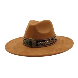 Sombrero Jazz Fedora de Ante Marrón para Hombre y Mujer con Banda Bordada Estilo Western