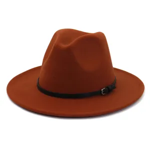 Women wool felt fedora hat wide brim autumn winter british style jazz cap with black leather belt