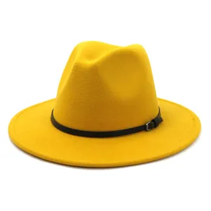 Yellow wool fedora hat detail, wide brim and black belt with buckle, vintage British style.