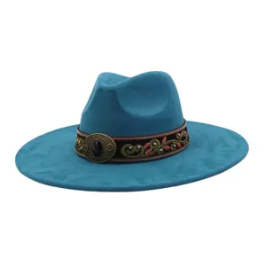 Sombrero de jazz de ante suave turquesa con banda étnica bordada y hebilla vintage.