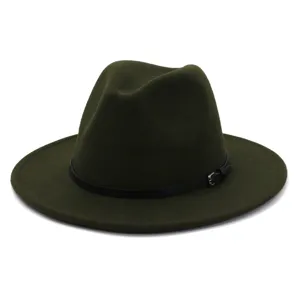 Dark green wool fedora hat detail, elegant black belt with buckle, wide brim fashion.
