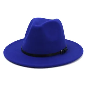 Women blue wool fedora hat winter British style jazz hat with black belt and buckle