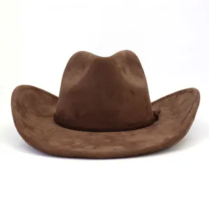 Close-up of brown suede cowboy hat showcasing the soft fabric texture and wide brim design.