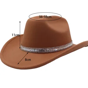 Bruine wollen vilt cowboyhoed met sprankelende strass band, stijlvolle fedora jazzhoed voor volwassenen.