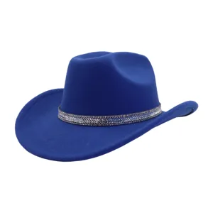 Blauwe vilt westerse cowboyhoed met sprankelende strass band, stijlvolle jazzhoed voor dames.