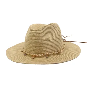 Sommer Sonnenstrohhut Damen Herren, 7cm breite Krempe Strandhut mit Kette und Perlen