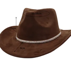 Unisex Suede Western Cowboy Hat Wide Brim Pearl Rhinestone Beach Sun Protection Hat