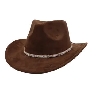 Brown suede cowboy hat detail featuring a sparkling pearl and rhinestone band for outdoor travel.