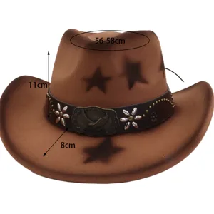 Chapeau de cowboy occidental avec motif d'étoiles, bord roulé et bande en cuir avec boucle métal.