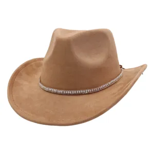Beige suede western cowboy hat with pearl rhinestone band for outdoor travel sun protection.