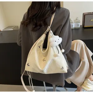 Large capacity white hobo tote bag for women stylish butterfly shoulder bag with cloud charm