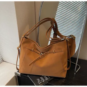 Classic brown PU leather shoulder tote bag for women, versatile commuter daily handbag.