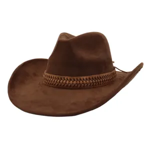 Chapeau de cowboy en daim marron avec bande tressée, fedora à large bord pour hommes et femmes.