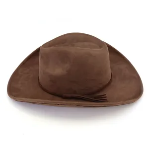 Brown suede fedora hat detail view, stylish flat brim western cowboy hat for men and women.