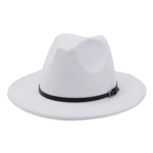 Detail shot of white women wool fedora hat with black belt and metal buckle, elegant winter hat.