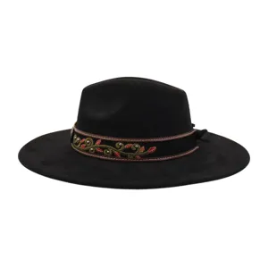 Sombrero de jazz negro de ala plana con banda de cuero bordada étnica para unisex.