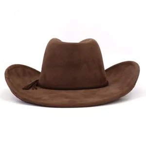 Brown suede cowboy hat detail showing braided band and stylish tassel brim.