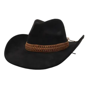 Chapeau de cowboy en daim noir avec bande tressée marron chapeau fedora large bord printemps