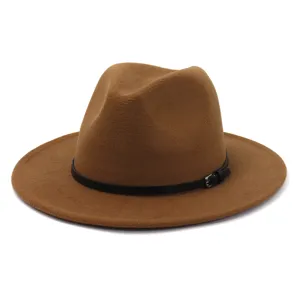 Brown felt fedora hat detail, wide brim, elegant black leather belt with metal buckle accent.