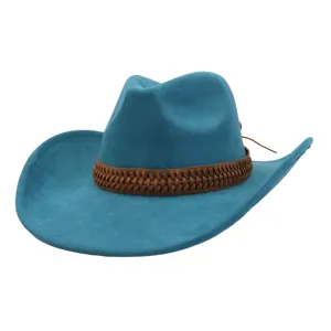 Vue détaillée de ce magnifique chapeau de cowboy en daim bleu avec bande de cuir.