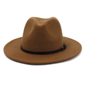 Detailed view of the brown wool fedora hat, showcasing the black belt and fine fabric texture.