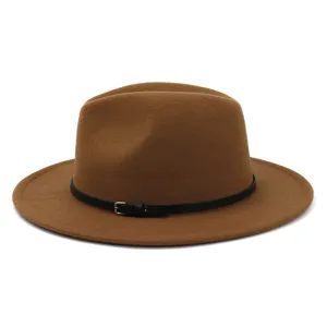Brown wide brim wool fedora hat for women, vintage British style jazz cap with black belt.