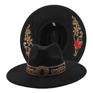 Sombrero Fedora de Ante Sintético Vintage Unisex Bordado Étnico Hebilla de Gema Metálica Ala Ancha Sombrero de Jazz Sombrero de Sol