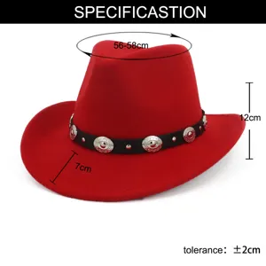 Red and black wool felt western cowboy hat with metal decor, detailed size view for daily wear.