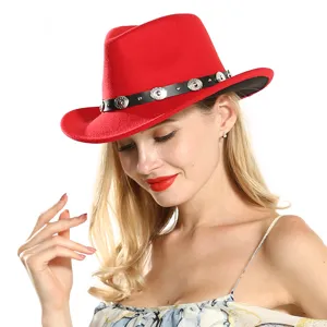 Red felt western cowboy hat jazz hat with black leather band for women fashion headwear.