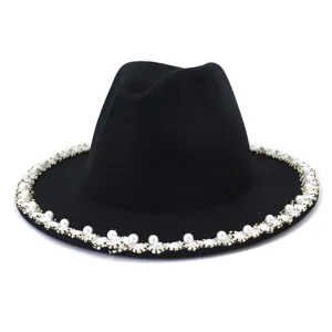Black felt fedora hat featuring exquisite pearl and crystal brim detailing, elegant design.