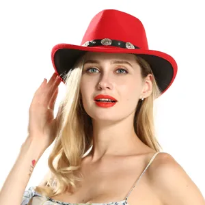 Classic Western Cowboy Fedora Hat Wool Felt Jazz Cap Red Black Color Block Ethnic Style Fashion Hat