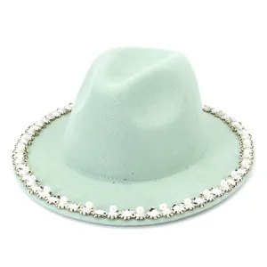 Fashion light green wool felt fedora hat for women with elegant pearl and crystal brim trim.