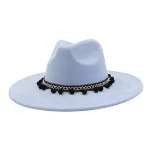 Light blue faux suede fedora hat with bohemian woven band and pom pom for men and women.