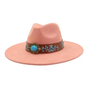 Sombrero fedora de lana estilo boho con hebilla turquesa, sombrero western ala ancha.