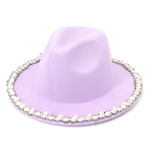 Women Purple Wool Fedora Hat with Pearl and Crystal Brim Trim Autumn Winter Fashion