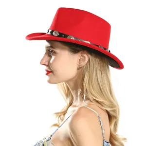 Red wool felt western cowboy hat with black studded band stylish jazz hat for women
